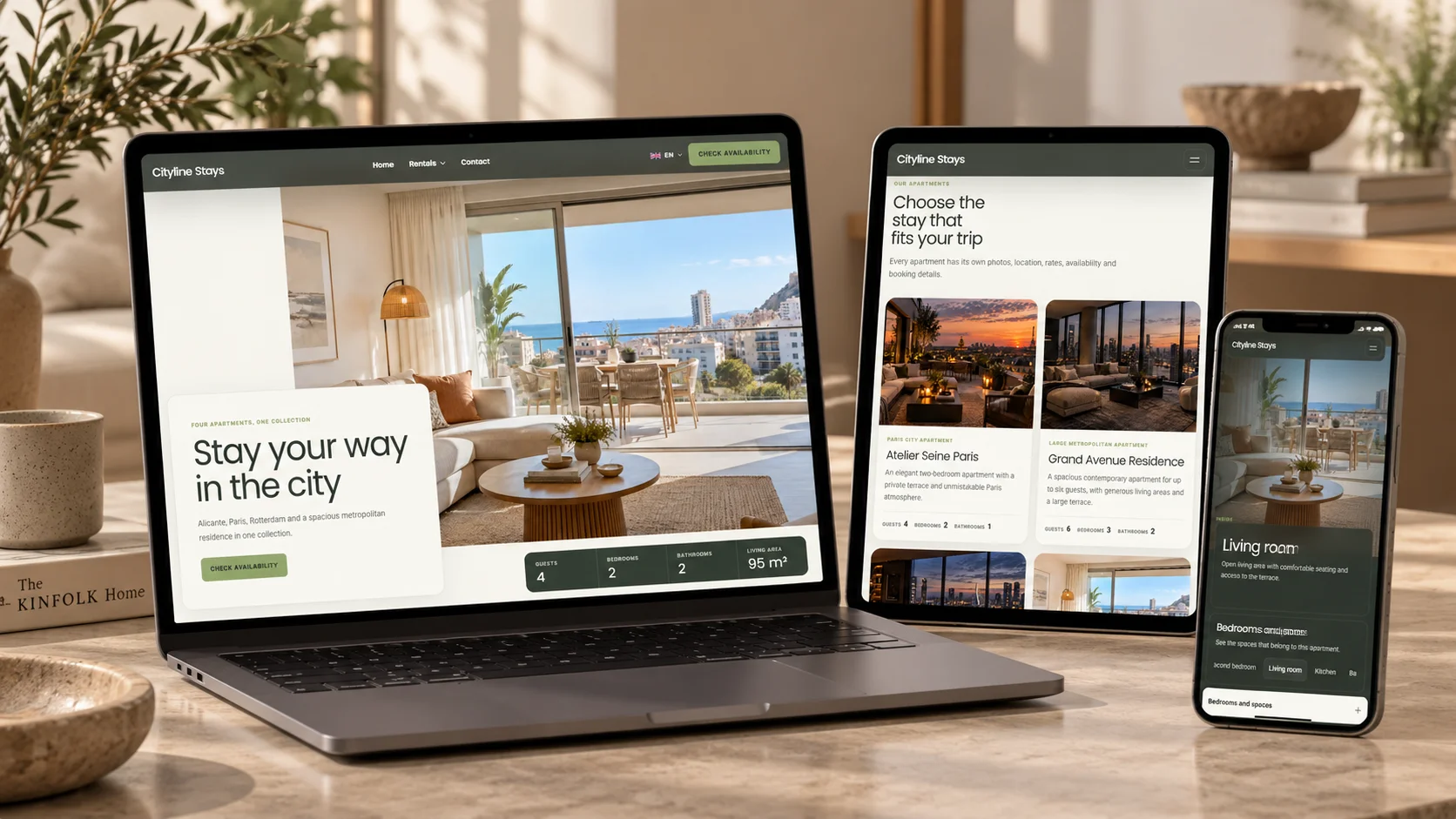 Website voor de verhuur van meerdere vakantiewoningen op laptop, tablet en telefoon